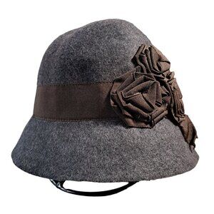 Hat Attack Women's Gray with Brown Ribbon 100% Wool Roaring 20's Bucket Hat